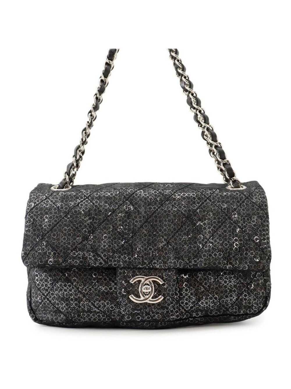 Chanel Chain Shoulder Bag Quilted 25 CC Logo Mesh Sequin Black